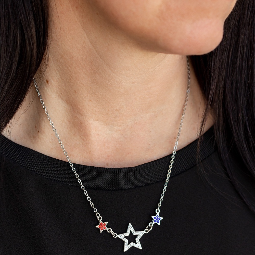 NEW Boutique Red White & Blue Star Diamond Rhinestone Silver Necklace & Earrings